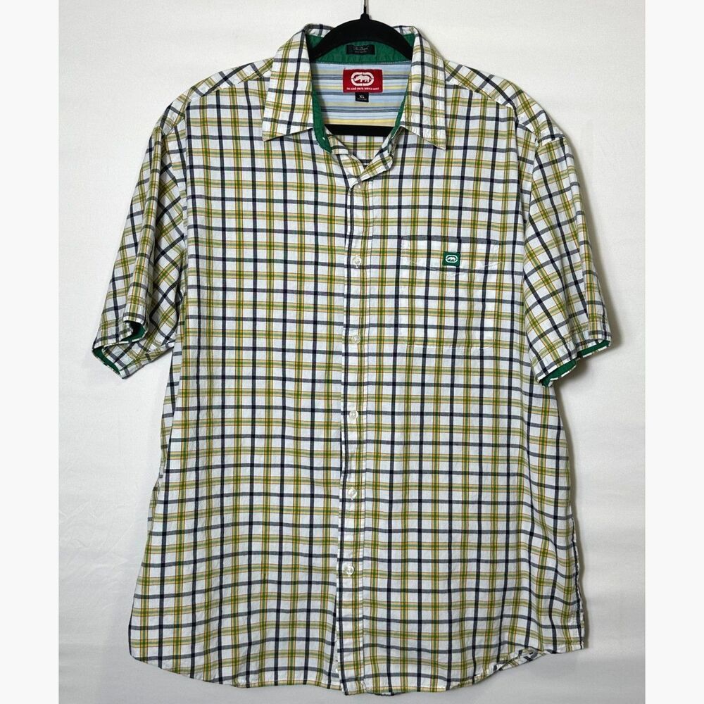 Ecko Unltd. Men's The Dwyer Woven Shirt Size XL Blue/Tan/Yellow Tattersall Plaid